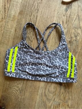 Gray Leopard Print Sports Bra with Neon Yellow Stripes